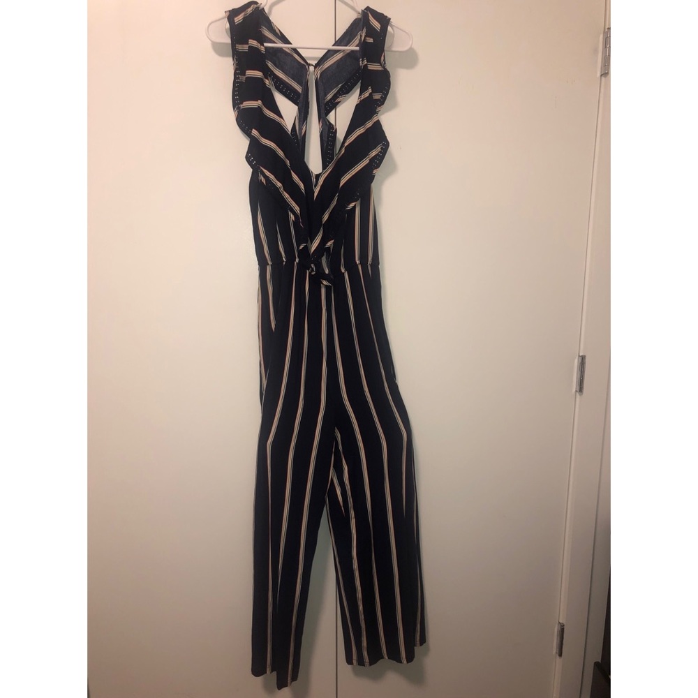 Navy blue Striped Romper, Ruffled top and back out